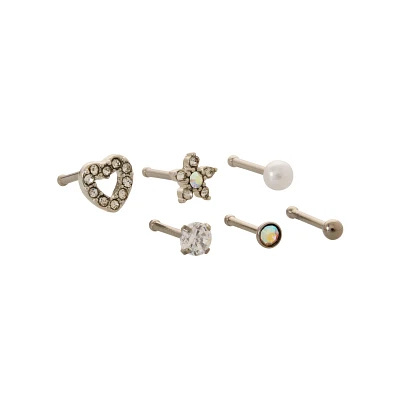 Multi-Pack CZ Heart and Flower Bone Nose Rings 6 Pack - 20 Gauge