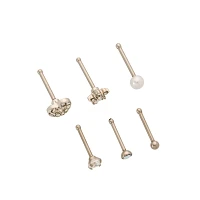 Multi-Pack CZ Heart and Flower Bone Nose Rings 6 Pack - 20 Gauge