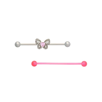 Multi-Pack CZ Pink Butterfly Industrial Barbells 2 Pack - 14 Gauge