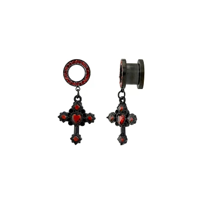 CZ Black and Red Heart Cross Dangle Tunnels