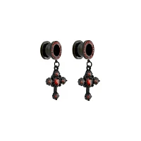 CZ Black and Red Heart Cross Dangle Tunnels