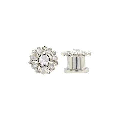 CZ Silvertone Titanium Flower Screw Fit Plugs
