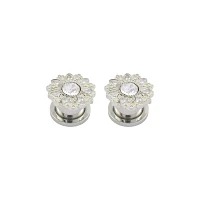 CZ Silvertone Titanium Flower Screw Fit Plugs