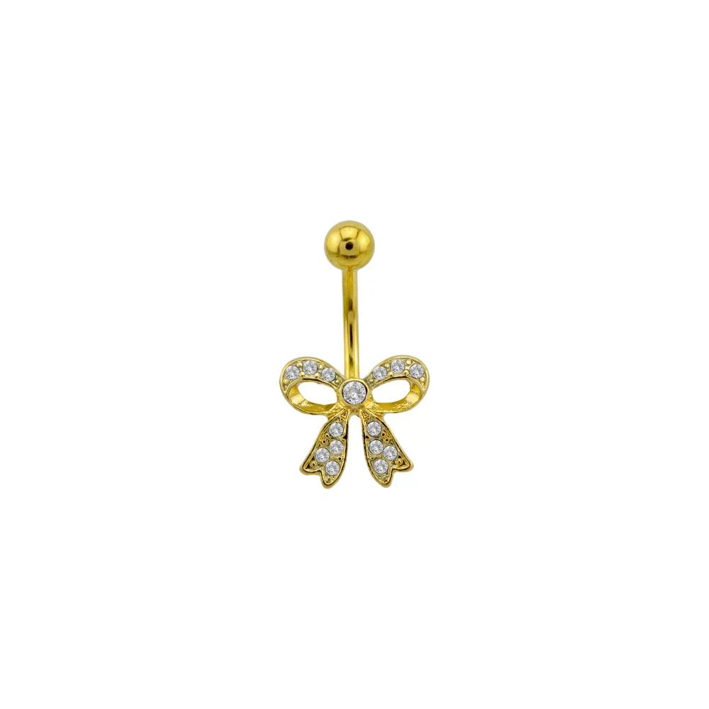 CZ Goldtone Bow Belly Ring - 14 Gauge