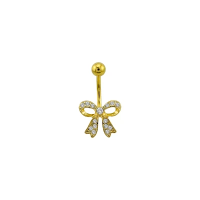 CZ Goldtone Bow Belly Ring - 14 Gauge