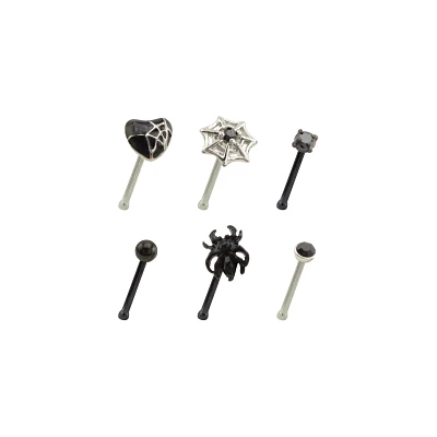 Multi-Pack CZ Black and Silvertone Heart and Spider Web Pin Nose Rings 6 Pack - 20 Gauge