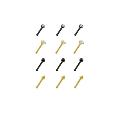Multi-Pack CZ Black and Goldtone Prong and Spike Pin Nose Rings 12 Pack - 20 Gauge