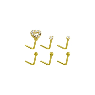 Multi-Pack CZ Goldplated Stone Heart L-Bend Nose Rings 6 Pack - 20 Gauge