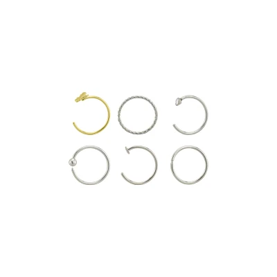 Multi-Pack CZ Goldtone Butterfly and Silvertone Titanium Hoop and Half Hoop Nose Rings 6 Pack - 20 Gauge