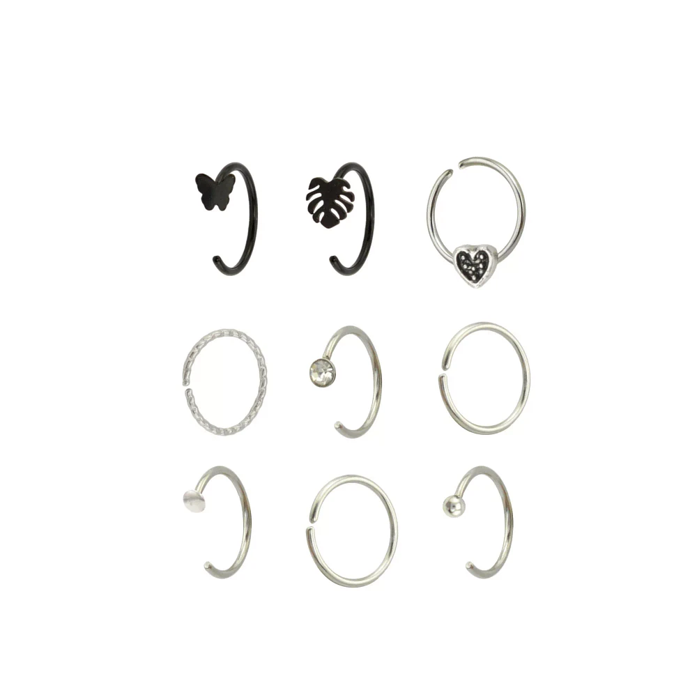 Multi-Pack CZ Black and Silvertone Butterfly Ribcage Heart Hoop and Half Hoop Nose Rings 9 Pack - 20 Gauge
