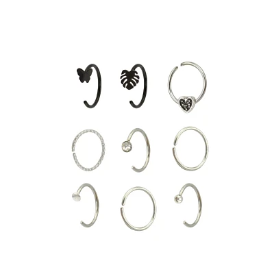 Multi-Pack CZ Black and Silvertone Butterfly Ribcage Heart Hoop and Half Hoop Nose Rings 9 Pack - 20 Gauge