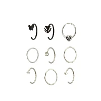 Multi-Pack CZ Black and Silvertone Butterfly Ribcage Heart Hoop and Half Hoop Nose Rings 9 Pack - 20 Gauge
