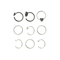 Multi-Pack CZ Black and Silvertone Butterfly Ribcage Heart Hoop and Half Hoop Nose Rings 9 Pack - 20 Gauge