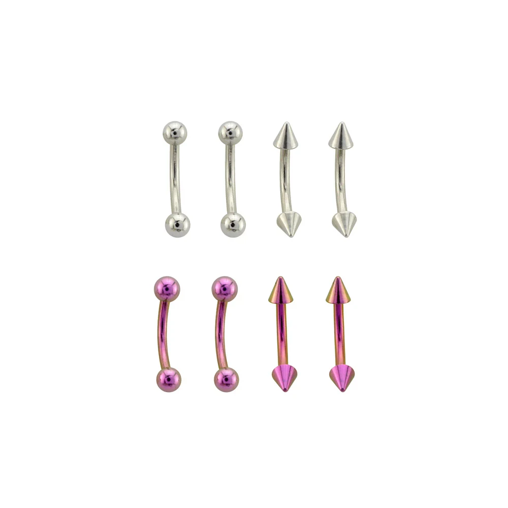 Multi-Pack Silvertone and Purple Curved Barbells 8 Pack - 14 Gauge