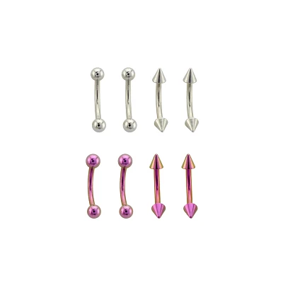 Multi-Pack Silvertone and Purple Curved Barbells 8 Pack - 14 Gauge