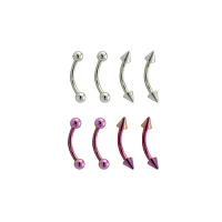 Multi-Pack Silvertone and Purple Curved Barbells 8 Pack - 14 Gauge