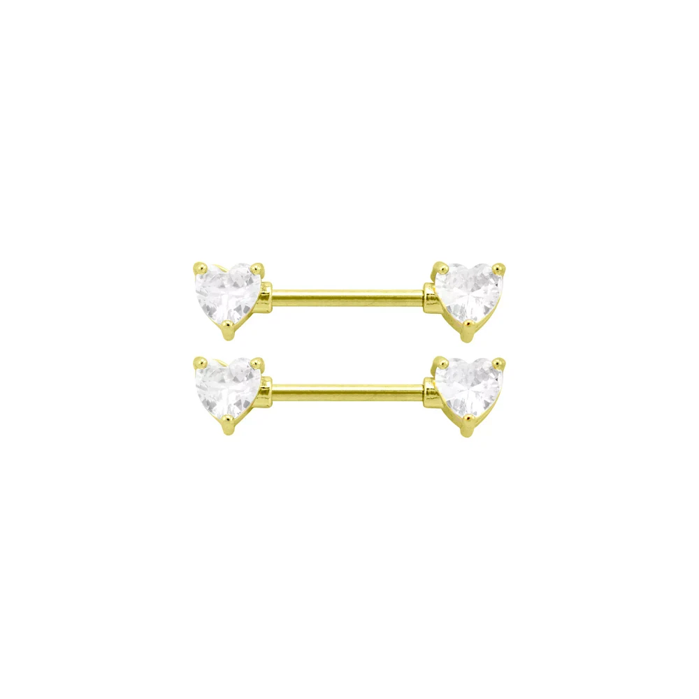 CZ Goldtone Heart Clear Gem Nipple Barbells - 14 Gauge