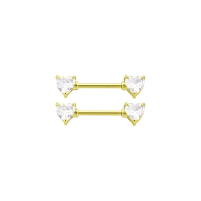 CZ Goldtone Heart Clear Gem Nipple Barbells - 14 Gauge