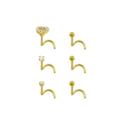 Multi-Pack CZ Goldplated Stone Heart Corkscrew Nose Rings 6 Pack - 20 Gauge
