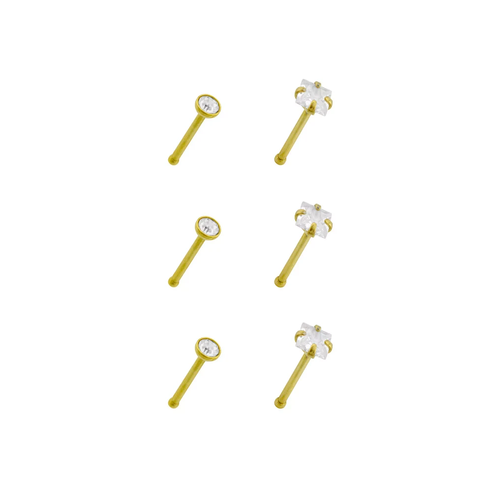 Multi-Pack CZ Square Gold Plated Nose Pins 6 Pack - 20 Gauge