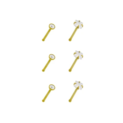 Multi-Pack CZ Square Gold Plated Nose Pins 6 Pack - 20 Gauge