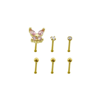 Multi-Pack CZ Butterfly Gold Plated Nose Pins 6 Pack - 20 Gauge