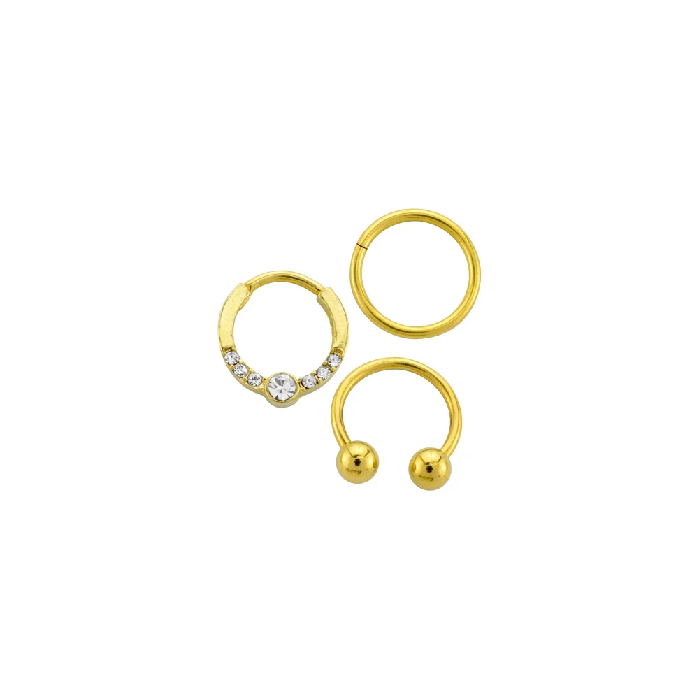 Multi-Pack CZ Circular Gem Horseshoe and Hinged Septum Rings 3 Pack - 16 Gauge