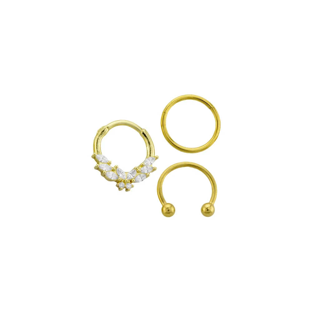 Multi-Pack CZ Butterfly Horseshoe and Hinged Septum Rings 3 Pack - 16 Gauge