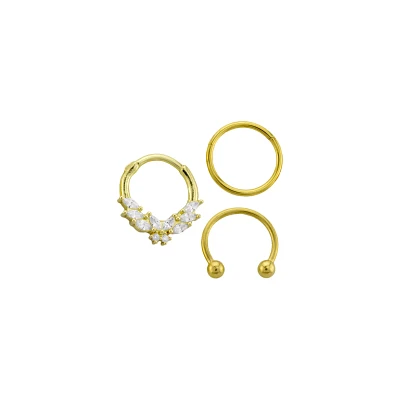 Multi-Pack CZ Butterfly Horseshoe and Hinged Septum Rings 3 Pack - 16 Gauge