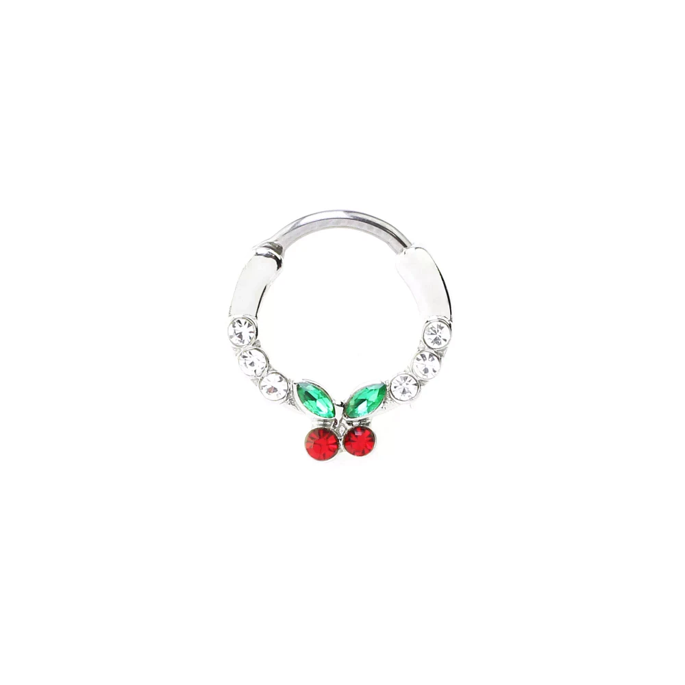 Silvertone CZ Cherry Hinged Septum Ring - 16 Gauge