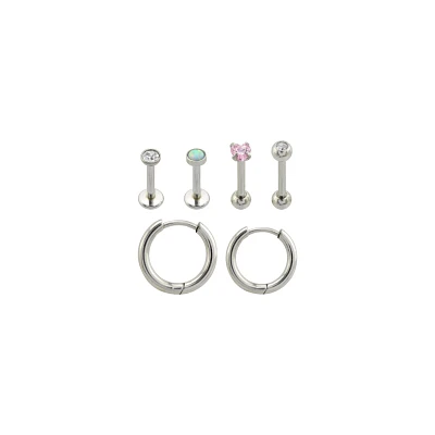 Multi-Pack CZ Heart Labrets Cartilage and Huggie Earrings 6 Pack - 16-18 Gauge