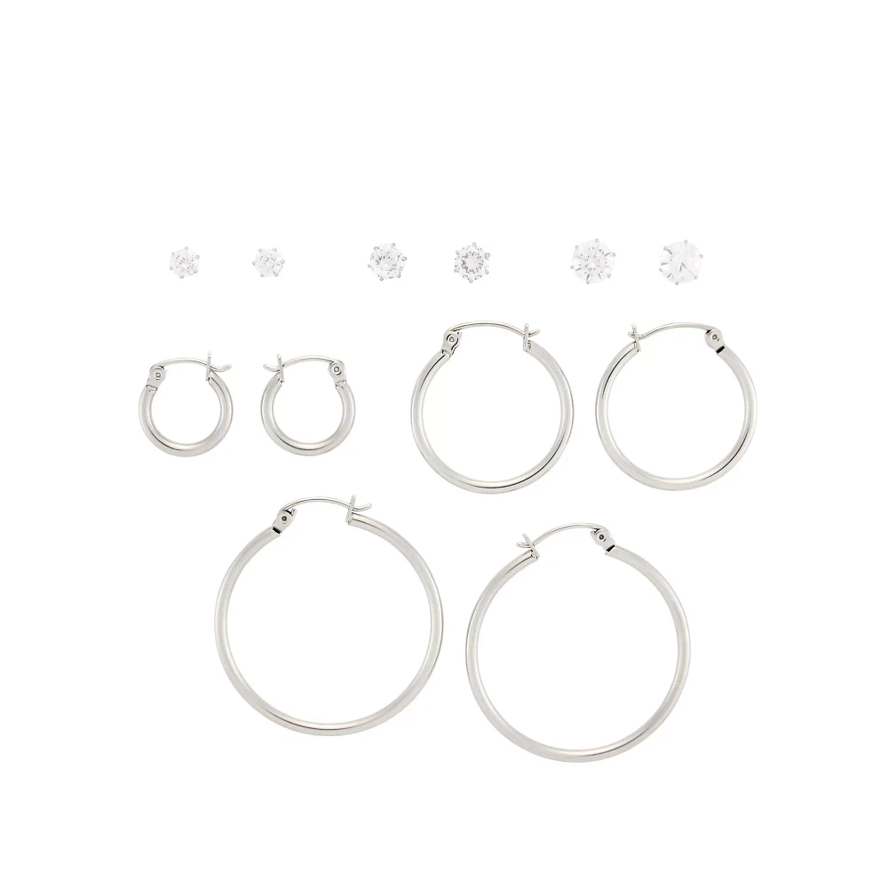 Multi-Pack CZ Simple Silverplated Hoop and Stud Earrings - 6 Pack