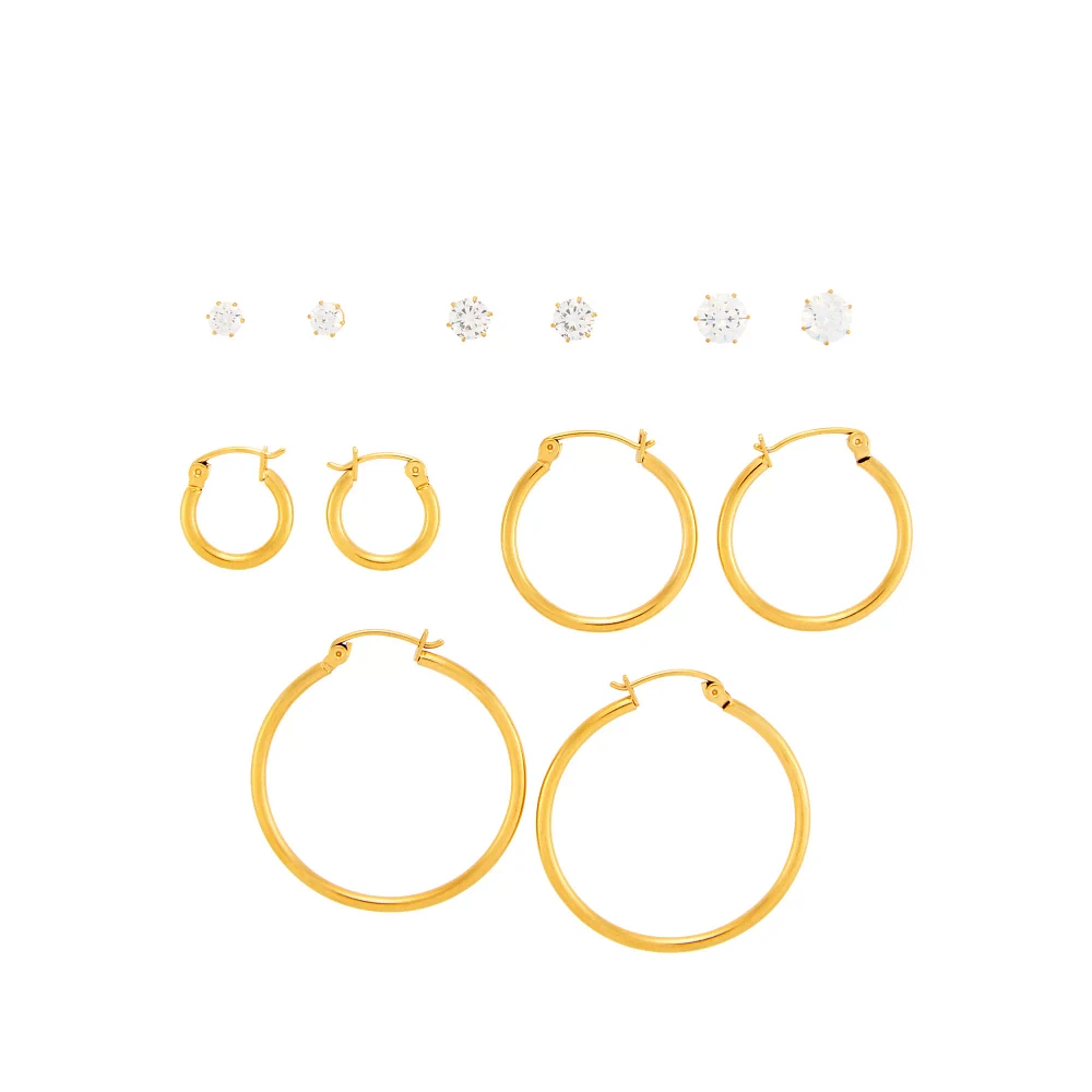 Multi-Pack CZ and Goldtone Stud and Hoop Earrings - 6 Pair