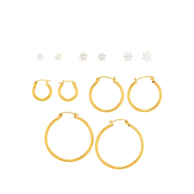 Multi-Pack CZ and Goldtone Stud and Hoop Earrings - 6 Pair