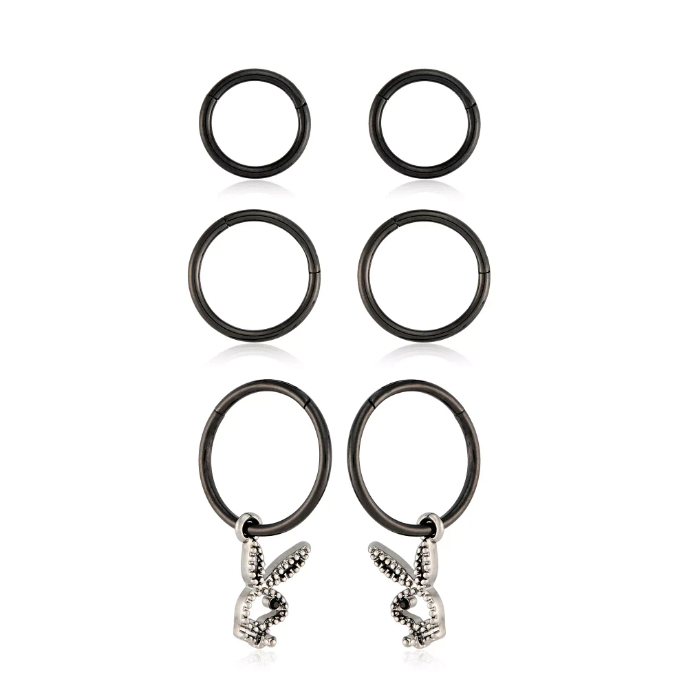 Multi-Pack Black CZ Playboy Pendant Hoop Earrings 3 Pair