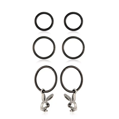 Multi-Pack Black CZ Playboy Pendant Hoop Earrings 3 Pair