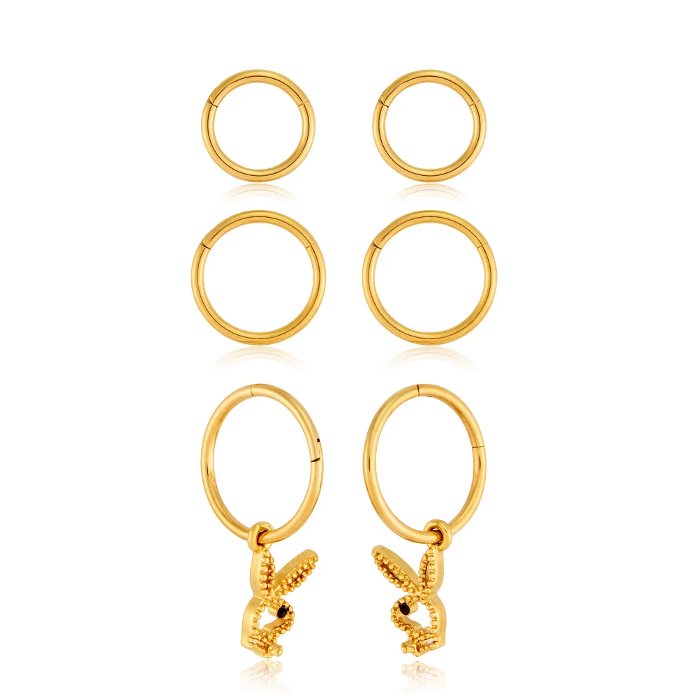Multi-Pack Black CZ Goldtone Playboy Pendant Hoop Earrings 3 Pair - 16 Gauge
