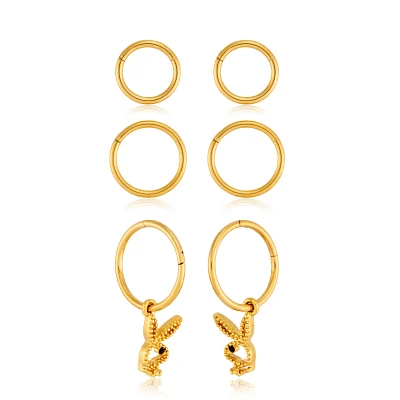 Multi-Pack Black CZ Goldtone Playboy Pendant Hoop Earrings 3 Pair - 16 Gauge