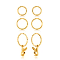 Multi-Pack Black CZ Goldtone Playboy Pendant Hoop Earrings 3 Pair - 16 Gauge