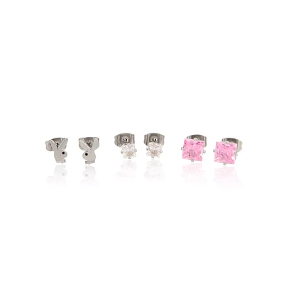 Multi-Pack Pink CZ Playboy Bunny Stud Earrings - 3 Pair