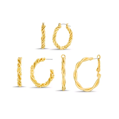 Multi-Pack Goldtone Textured Twist Hoop Earrings - 3 Pair
