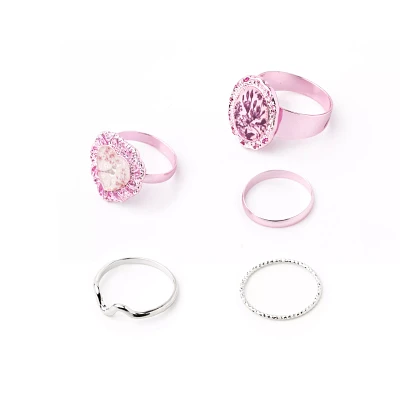 Multi-Pack Pink and Silvertone Heart Floral Rings - 5 Pack