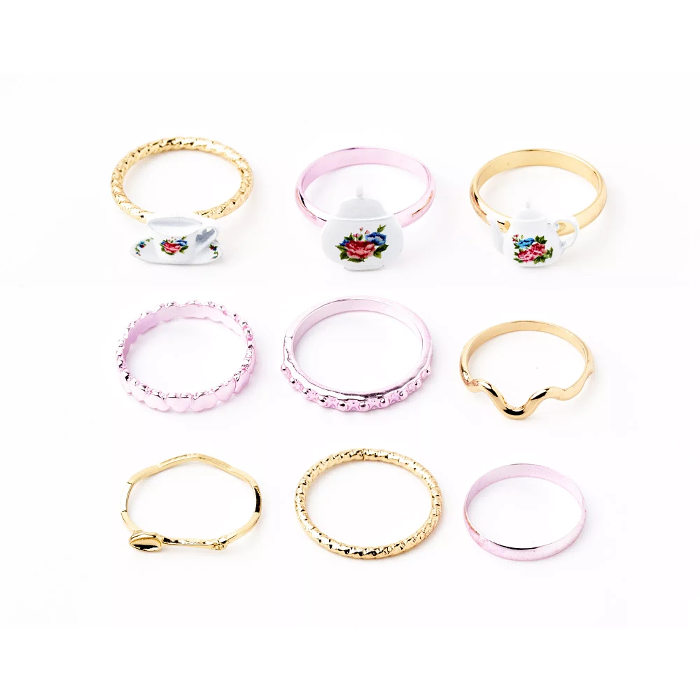 Multi-Pack Goldtone and Pink Floral Teapot Rings - 9 Pack