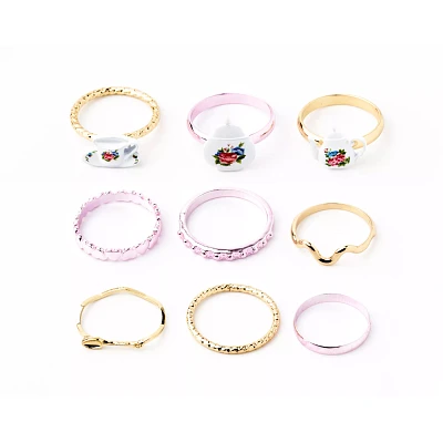 Multi-Pack Goldtone and Pink Floral Teapot Rings - 9 Pack