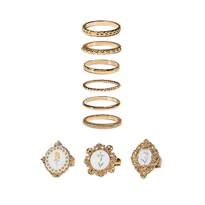 Multi-Pack Goldtone Frame Floral Rings - 9 Pack
