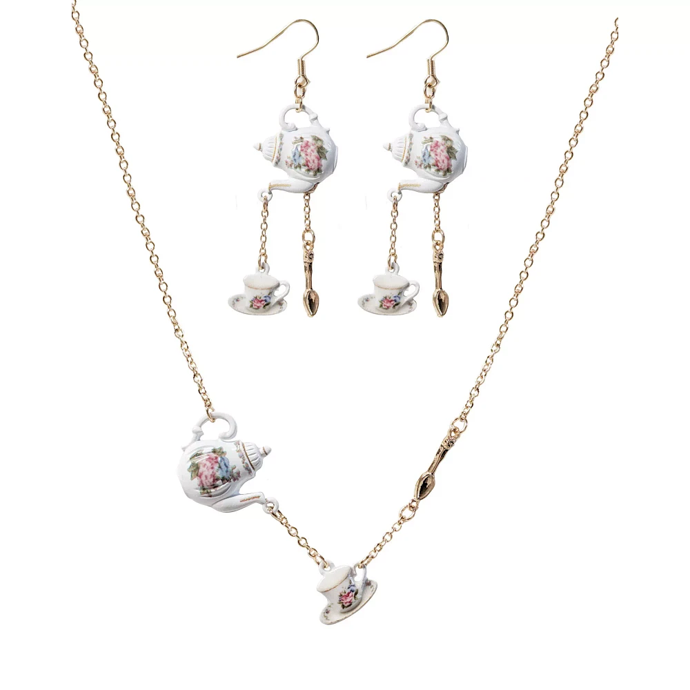 Teapot and Teacup Pendant Necklace and Earrings Set