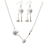 Teapot and Teacup Pendant Necklace and Earrings Set