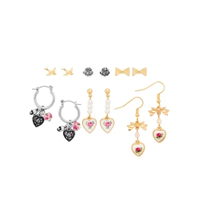 Multi-Pack Floral Heart and Bird Earrings - 6 Pair