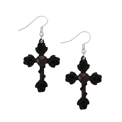 Black Rose Crosses Dangle Earrings