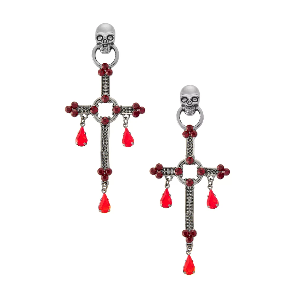 Black and Red Gem Cross Dangle Earrings